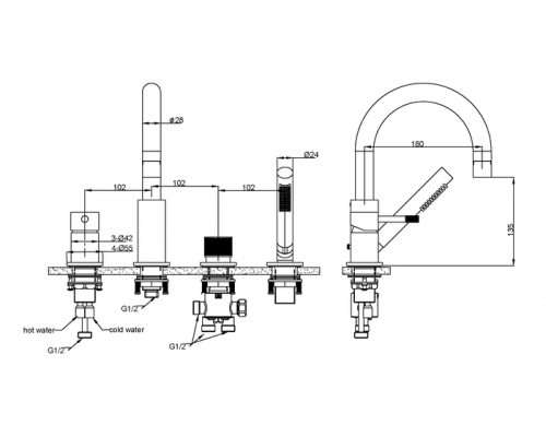 Смеситель врезной в борт ванны UNO оружейная сталь брош 460-SGM