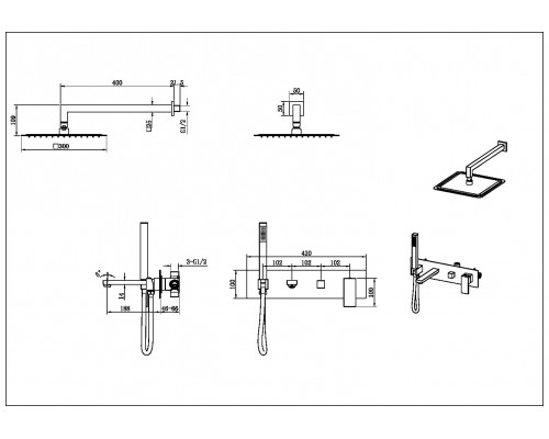 Boheme Смеситель встроенный + верхний душ+ ручной душ,налив воды Qubic Gold 474-G