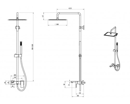 Boheme Стойка для душа с наливом, верхний душ латунь 30см Qubic Matt Gold 478-MG