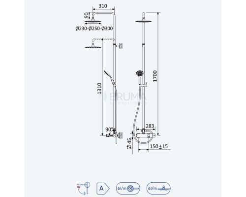Душевая система с наливом на ванну, и верхней лейкой из ABS Ø230 мм Lusitano 107 260 6NS Night Sky