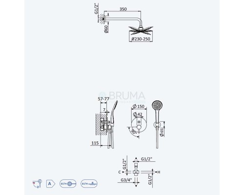 Душевой набор, скрытого монтажа, с душевой лейкой из нержавеющей стали UltraThin (Ультра тонкая) Ø250 мм Lusitano 107 760 8CR Chrome