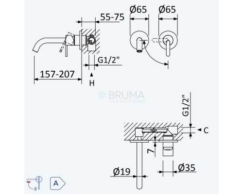 Смеситель для раковины на 2 отверстия, настенный. Длина излива 150 мм Leaf 167 012 0MM Morning Mist