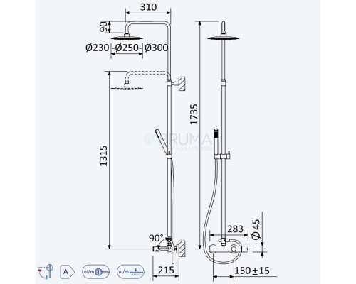 Душевая система с наливом на ванну и верхней лейкой из латуни Ø300 мм Leaf 167 283 1SR Sunrise