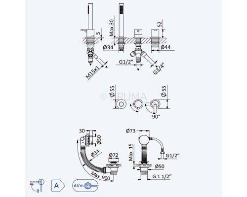 Смеситель на борт ванны, с ручным душем Elo, и наливом через сифон Leaf 167 521 1CR Chrome