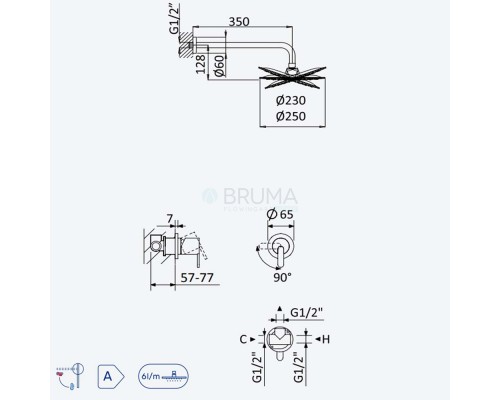 Душевой набор, скрытого монтажа, с латунной душевой лейкой Ø250 мм Leaf 167 702 1CR Chrome