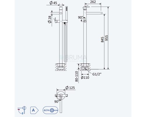 Смеситель для ванны, напольный тип ручки 2 Leaf 167 980 2ST Satinox