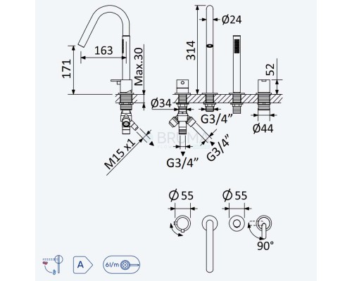Смеситель на борт ванны, с наливом на ванну ручка тип 2 Leaf 167 990 2CR Chrome