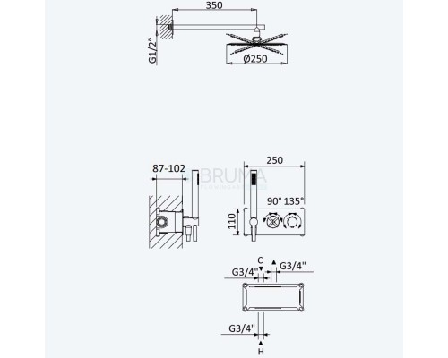 Душевой набор термостатический, скрытого монтажа, с душевой лейкой Ø250 мм, и ручным душем Hera 106 594 0SR Sunrise