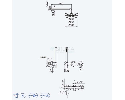 Душевой набор, скрытого монтажа, с латунной душевой лейкой Ø250 мм и ручным душем Elo Leaf 167 361 5SR Sunrise