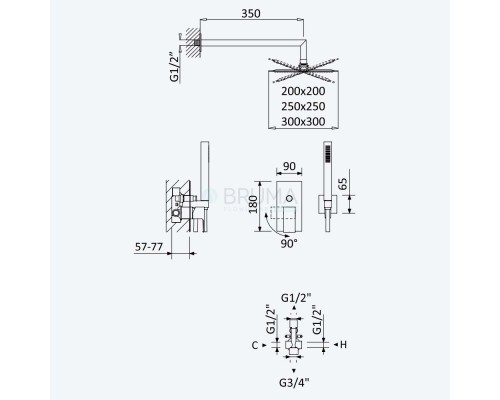 Душевой набор, скрытого монтажа, с душевой лейкой из нержавеющей стали UltraThin (Ультра тонкая) 300x300 мм Linea 182 760 9NS Night Sky