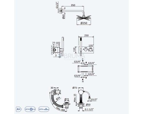 Душевой набор термостатический, скрытого монтажа, с стальной душевой лейкой Ø250 мм, наливом на ванну через сифон - VenusQ Leaf 187 413 1NS Night sky