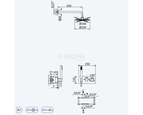 Душевой набор термостатический, скрытого монтажа, душевая лейка UltraThin Ø250 мм. из латуни, и ручным душем Elo - VenusQ Leaf 187 593 1ST Satinox