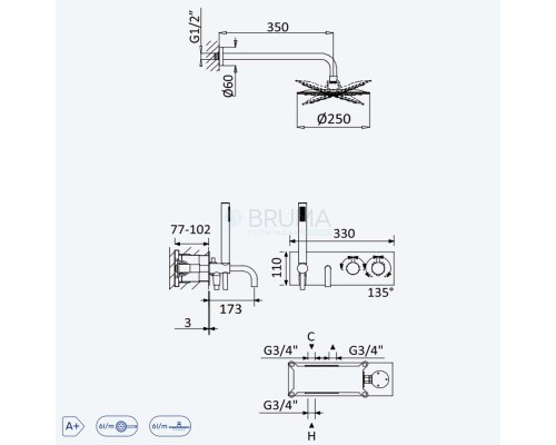 Душевой набор термостатический, скрытого монтажа, с душевой лейкой из латуни Ø250 мм, и наливом на ванну - VenusQ Leaf 187 663 1NS Night Sky