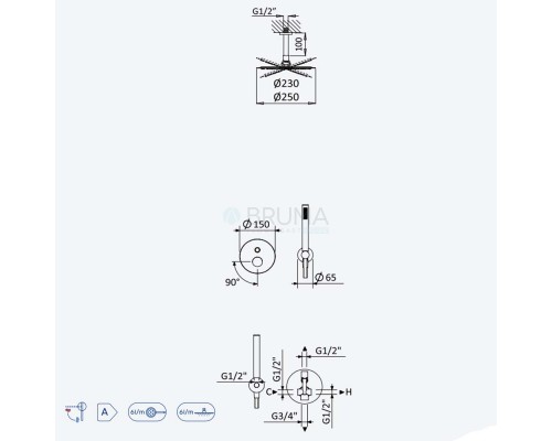 Душевой набор, скрытого монтажа, с душевой лейкой из нержавеющей стали UltraThin (Ультра тонкая) Ø250 мм Adagio 193 542 1CR Chrome