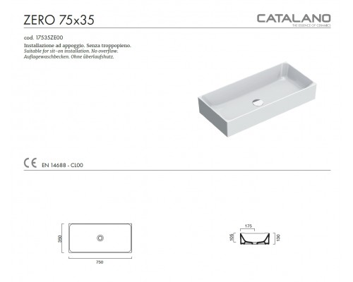 Раковина керамическая белая Catalano Verso 75x35 17535ZE00 (Эмаль CataGlaze+® Silver Titanium)