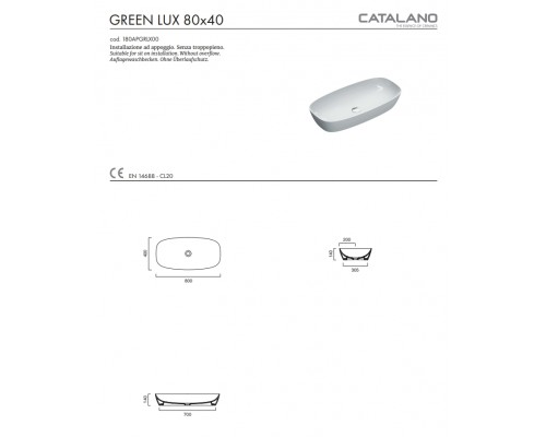 Раковина накладная белая Catalano Green 80x40 180APGRLX00