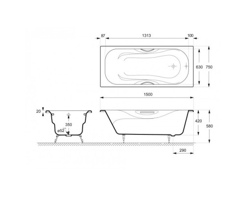 Ванна чугунная с отверстиями под ручки Delice Malibu 150х75х42 DLR230607R
