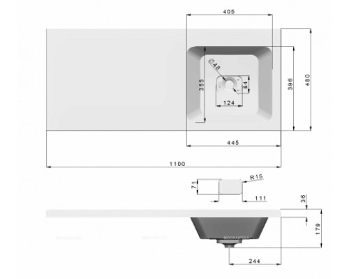 Раковина на стиральную машину Madera, Kamilla 110 (Правая) - 1100x480 цв. белый