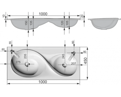 Раковина мебельная и на столешницу Madera, Otto 100 - 1000x450 цв. белый
