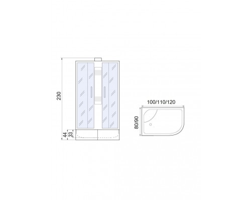 Душевая кабина МОНОМАХ XL Б/К,без крыши 120/80/44 МЗ L120х80 стекла с рисунком, профиль хром матовый