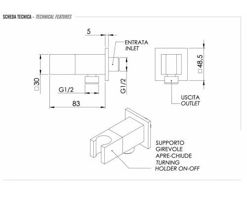 Держатель ручного душа с подключением и запорным вентелем Remer 338Q