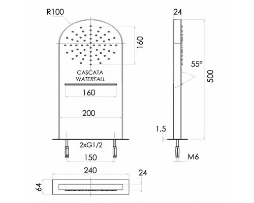 Верхний душ настенный 50x20 см Remer 350MMCANOX, черный матовый