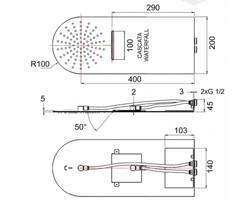 Верхний душ настенный 50x20 см Remer 350UFMCANOX, черный матовый