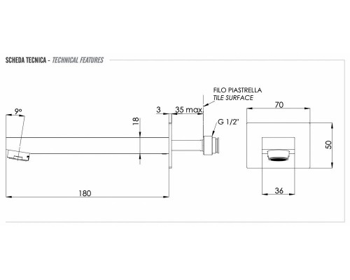 Излив настенный 18 см Remer Qubika 91QDO, золото глянцевое