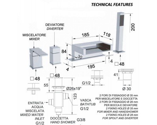 Смеситель для ванны Remer Qubika Cascata QC06DO, золото глянцевое