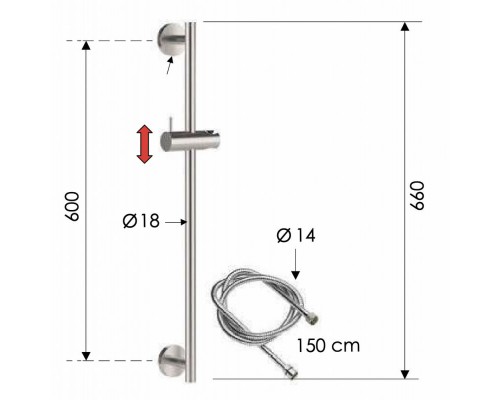 Душевая стойка 66 см с шлангом Remer INOX SS317M332, нержавеющая сталь
