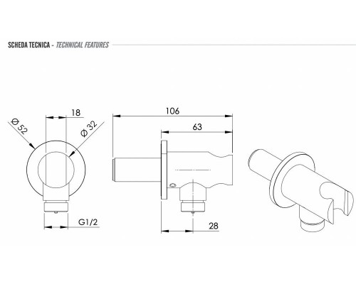 Держатель ручного душа с подключением Remer INOX SS337M, нержавеющая сталь