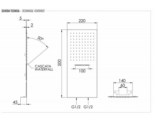 Верхний душ настенный 50x22 см Remer INOX SS350UFCAX