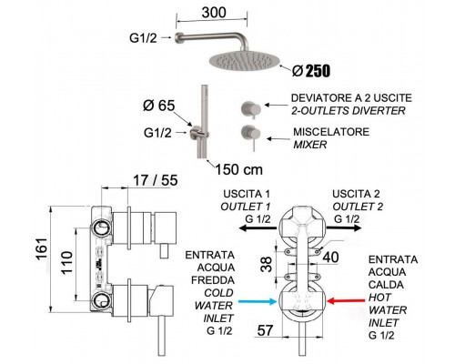 Душевая система Remer X Style INOX SSX92PS02UFM25, нержавеющая сталь