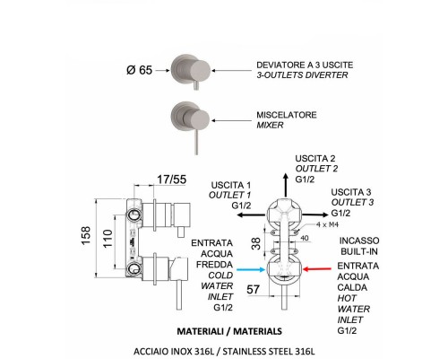 Смеситель для душа Remer X Style INOX SSX93P, нержавеющая сталь