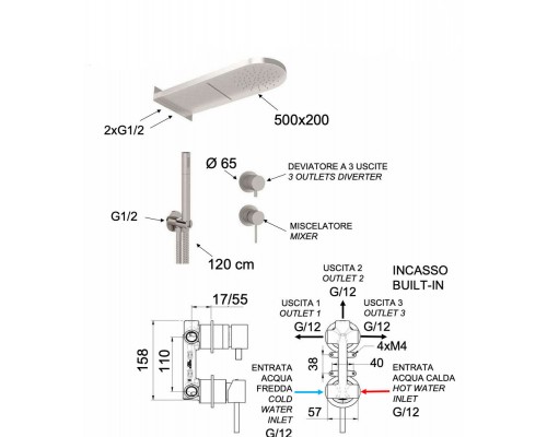 Душевая система Remer X Style INOX SSX93PS02MMCA, нержавеющая сталь