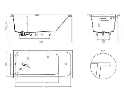 Ванна встраиваемая Salini S-Sense Матовое ORLANDA 1700x800мм I 102116M