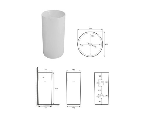 Умывальник напольный без перелива Santi Line SL-4014 445x445x865 без отверстия под смеситель белый глянец