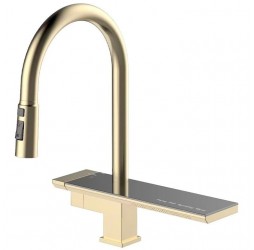 Vieir Смеситель кухонный каскадный излив + полка вытяжная лейка  (Gold Brushed ) V15014S