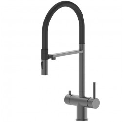 Vieir Смеситель кухонный под фильтр ( 2 воды) гибкий силиконовый излив магнитное крепление (оружейная сталь ) V15019G