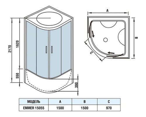 Душевая кабина Weltwasser WW500 EMMER 15055 150х150 прозрачное стекло, профиль хром матовый