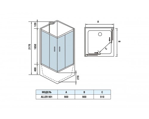 Душевая кабина Weltwasser WW500 ALLER 901 90х90 прозрачное стекло, профиль хром матовый