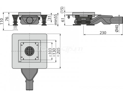 Сливной трап Alca APV12, со стальной решеткой 150x150