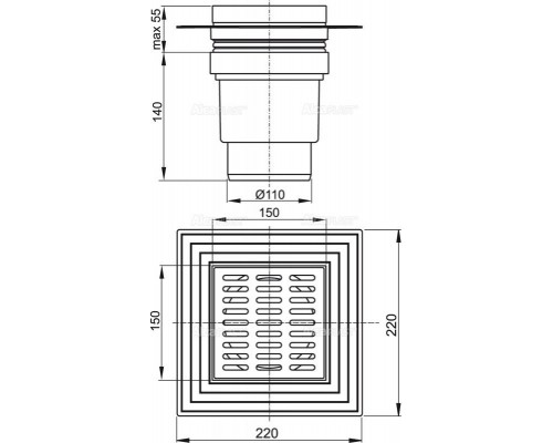 Alcaplast Сливной трап 105 × 105/50, подводка – боковая, решетка – нержавеющая сталь, гидрозатвор – комбинированный гидрозатвор SMART APV1321