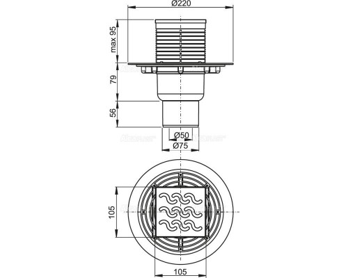Alcaplast Сливной трап 105 × 105/50/75, подводка – прямая, решетка – нержавеющая сталь, гидрозатвор – мокрый дизайн 2 APV202