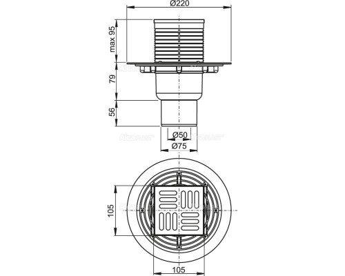 Сливной трап Alcadrain 105х105/50/75 мм прямой сток APV2321