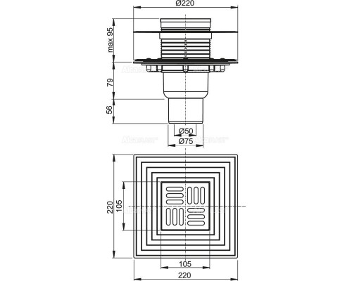 Alca APV2324 - Сливной трап 105×105/50/75 мм прямой сток
