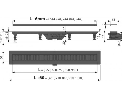 Душевой лоток Alca APZ10 Black Simple 650 мм, со стальной решеткой