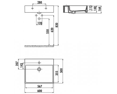 Умывальник Next на столешницу/подвесной на креплениях 50*60 см с отв., белый, NX260-00CB00E-0000