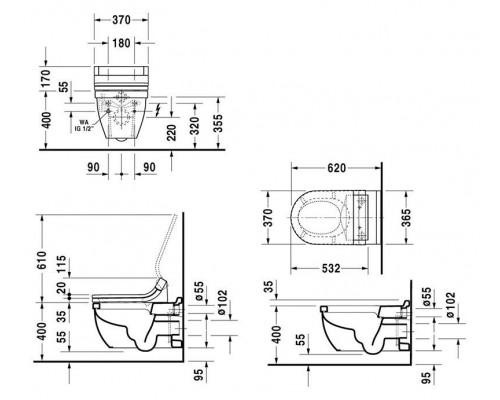 2226590000 Duravit STARСК 3 унитаз подвесной 370 х 620 мм с вертикальным смывом вкл. крепл. и компоненты для подключения SensoWash