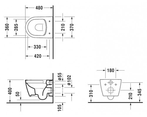 Унитаз подвесной Duravit ME by Starck 2530090000 370х480, подвесной, Rimless®